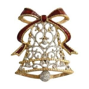 1990s Gold Plate Red Enamel Ribbon Bow Silver Glitter Clapper Xmas Bell Brooch